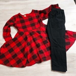 Girls 3T red black flannel plaid long sleeve dress & black leggings